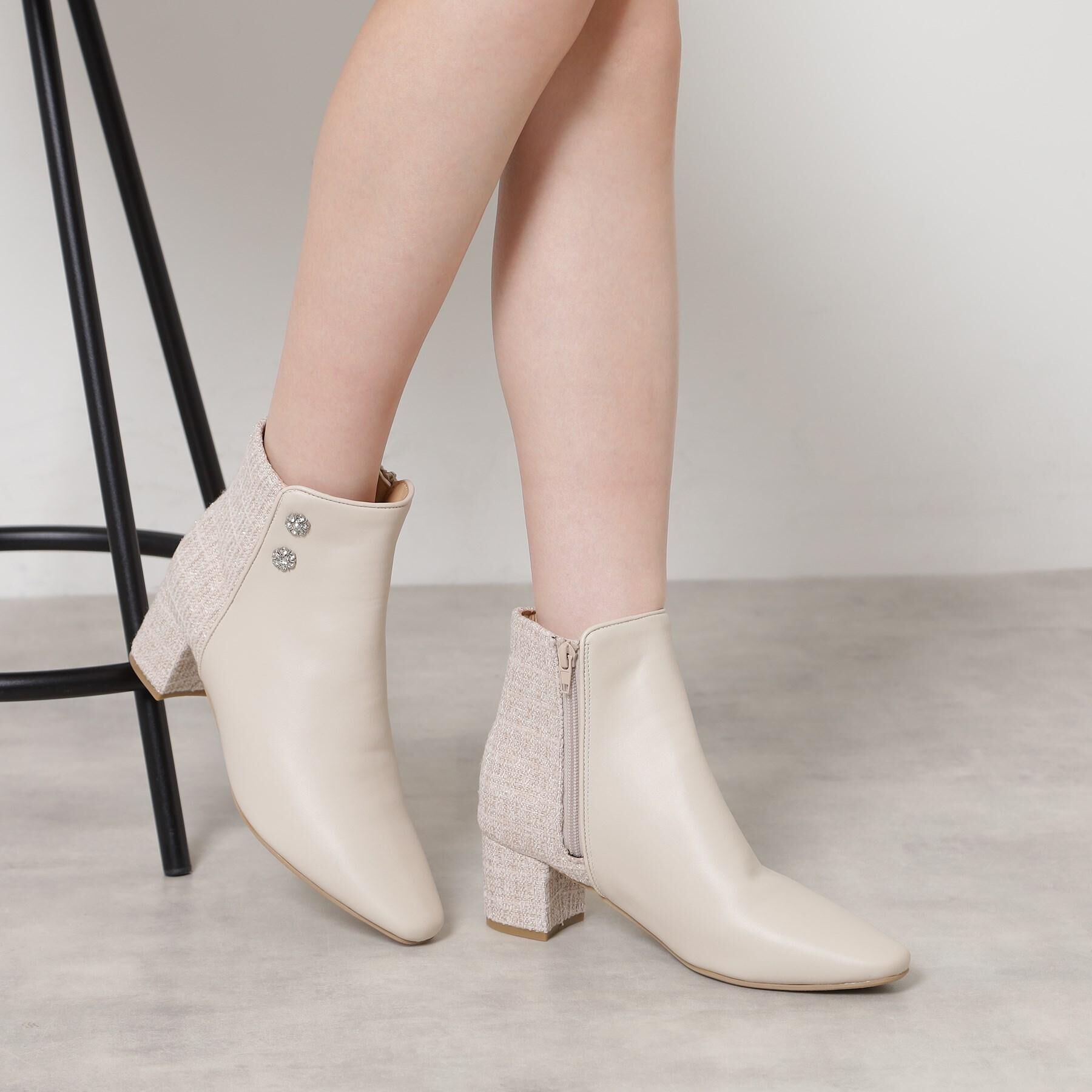 ESPERANZA「ビジュー付きツイードショートブーツ」|ショートブーツ|