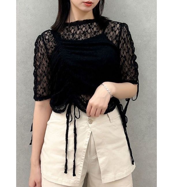 dazzlin「ギャザーリボンレーストップス」|Tシャツ・カットソー|ブラック