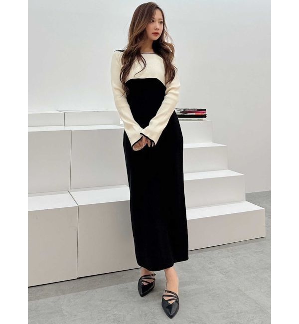 MERCURYDUO「3WAY配色ストラップバッククロスロングスリーブワンピース」|ワンピース|