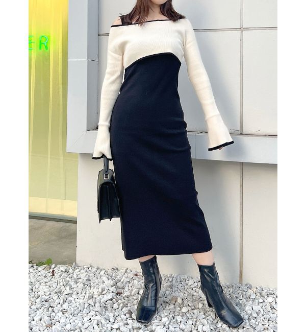 MERCURYDUO「3WAY配色ストラップバッククロスロングスリーブワンピース」|ワンピース|