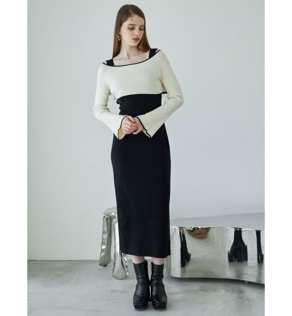 MERCURYDUO「3WAY配色ストラップバッククロスロングスリーブワンピース」|ワンピース|