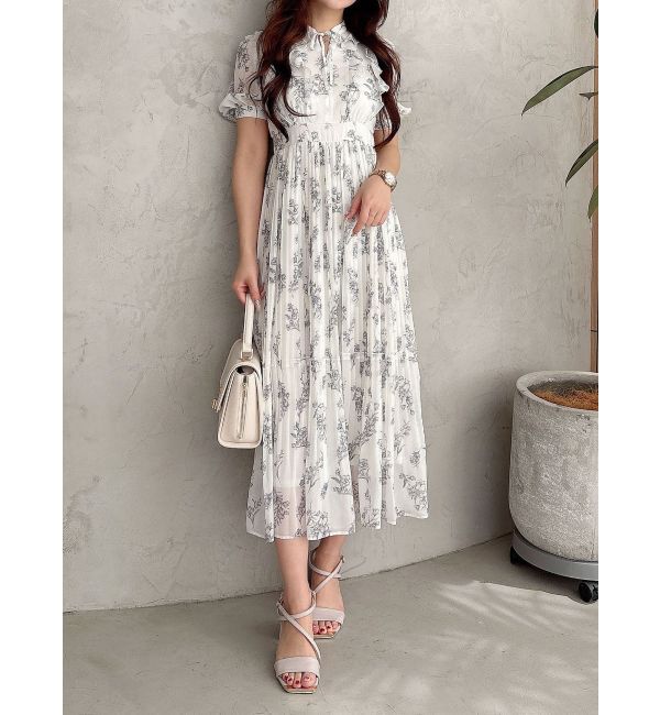 MERCURYDUO「花柄ラッフルプリーツティアードハーフスリーブワンピース」|ワンピース|オフホワイト