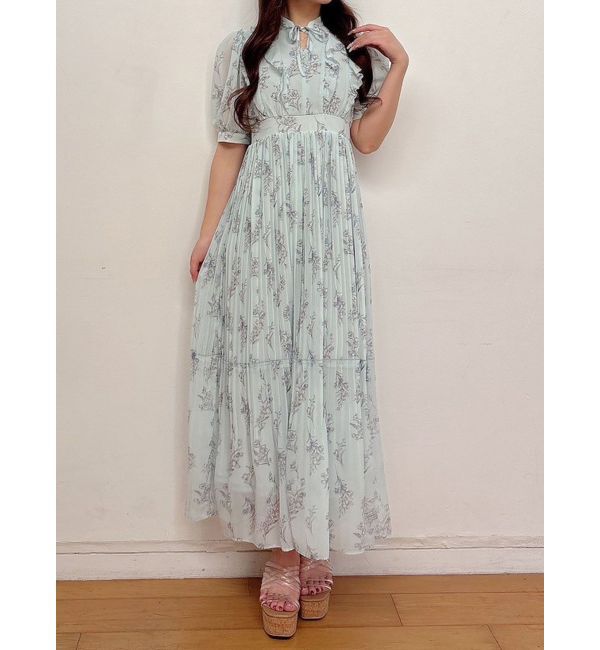 MERCURYDUO「花柄ラッフルプリーツティアードハーフスリーブワンピース」|ワンピース|ミントグリーン