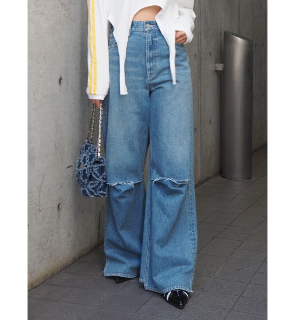 EVRIS「ニーダメージルーズデニムパンツ」|デニム|ブルー