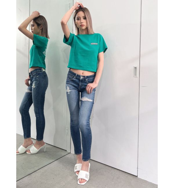 GYDA「ジャストウエスト side connected rippedスキニーデニムパンツ」|デニム|