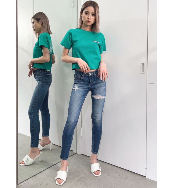 GYDA「ジャストウエスト side connected rippedスキニーデニムパンツ」|デニム|