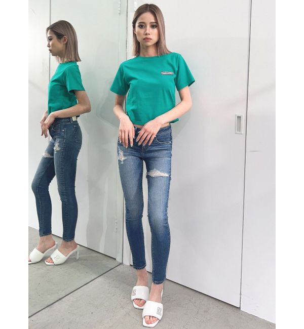 GYDA「ジャストウエスト side connected rippedスキニーデニムパンツ」|デニム|