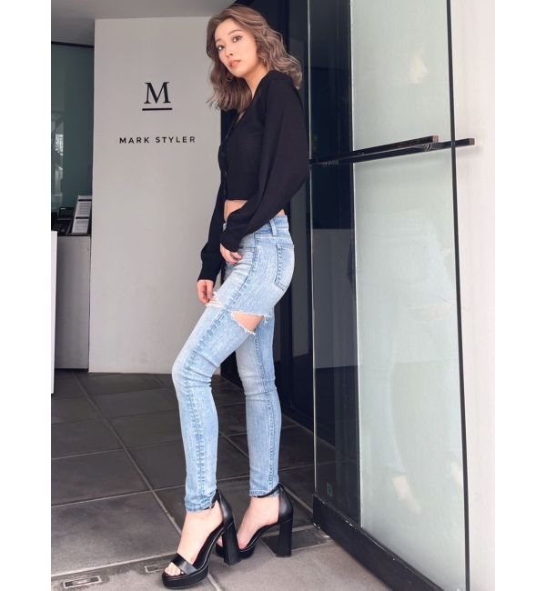 GYDA「ジャストウエスト side connected rippedスキニーデニムパンツ」|デニム|