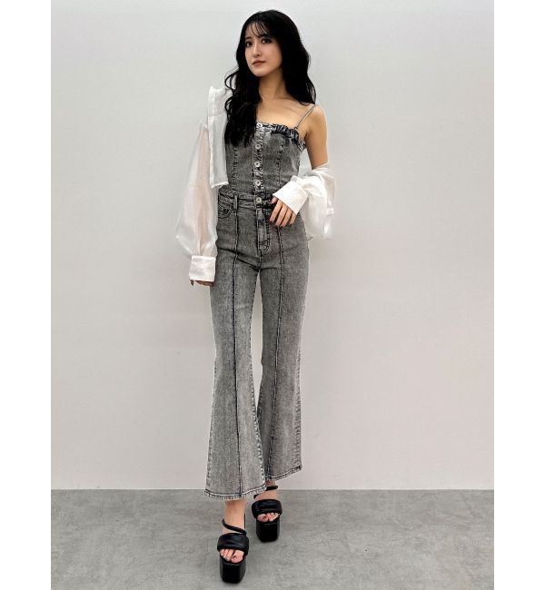 GYDA「ケミカルBACKリボンデニムロンパース」|オールインワン|