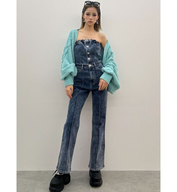 GYDA「ケミカルBACKリボンデニムロンパース」|オールインワン|