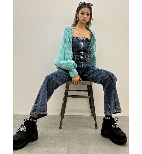 GYDA「ケミカルBACKリボンデニムロンパース」|オールインワン|