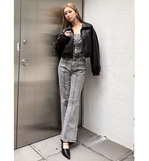 GYDA「ケミカルBACKリボンデニムロンパース」|オールインワン|