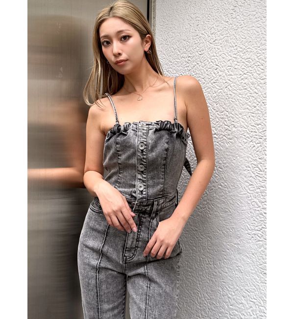 GYDA「ケミカルBACKリボンデニムロンパース」|オールインワン|