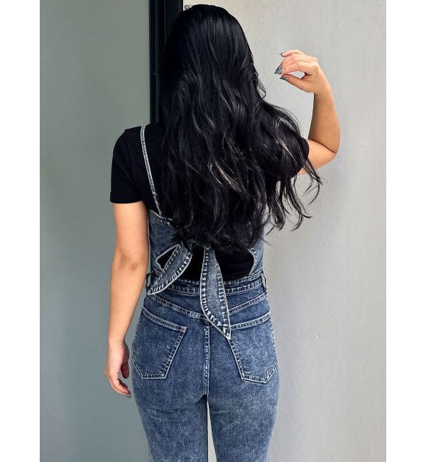 GYDA「ケミカルBACKリボンデニムロンパース」|オールインワン|