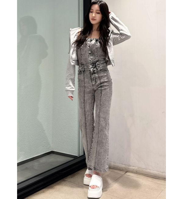 GYDA「ケミカルBACKリボンデニムロンパース」|オールインワン|