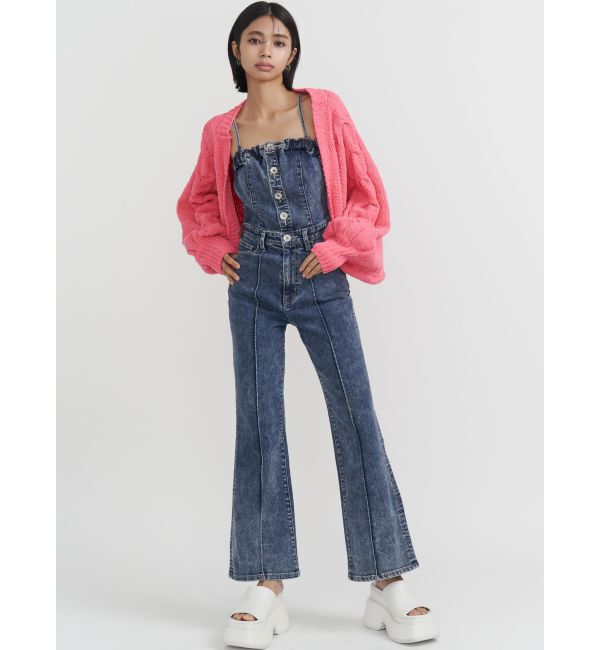 GYDA「ケミカルBACKリボンデニムロンパース」|オールインワン|