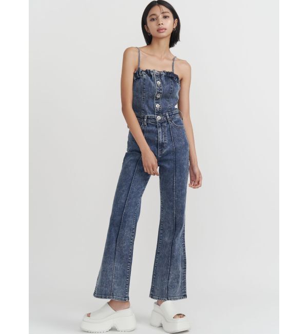 GYDA「ケミカルBACKリボンデニムロンパース」|オールインワン|