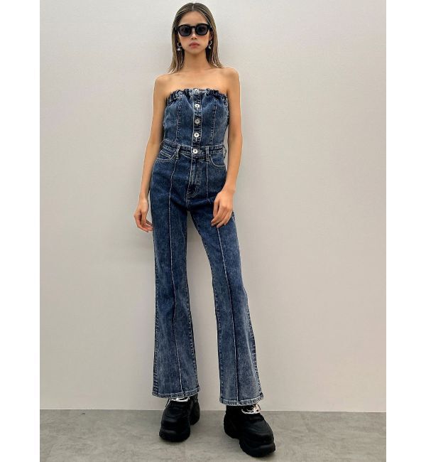 GYDA「ケミカルBACKリボンデニムロンパース」|オールインワン|