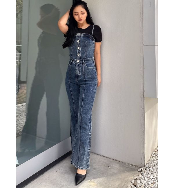 GYDA「ケミカルBACKリボンデニムロンパース」|オールインワン|