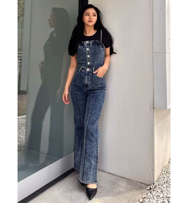 GYDA「ケミカルBACKリボンデニムロンパース」|オールインワン|