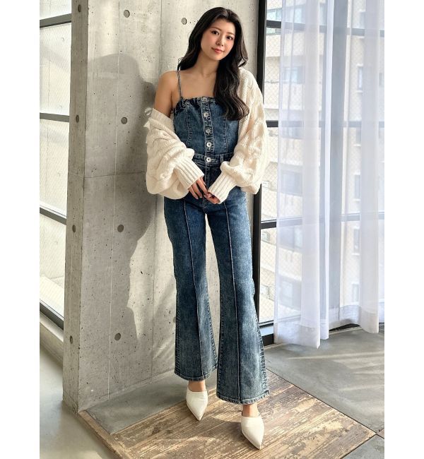 GYDA「ケミカルBACKリボンデニムロンパース」|オールインワン|