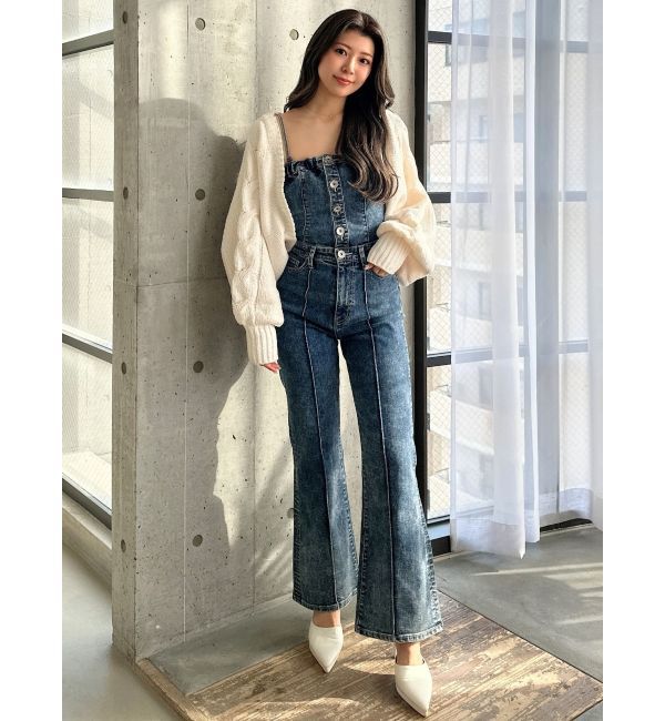 GYDA「ケミカルBACKリボンデニムロンパース」|オールインワン|