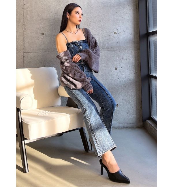 GYDA「ケミカルBACKリボンデニムロンパース」|オールインワン|