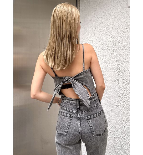 GYDA「ケミカルBACKリボンデニムロンパース」|オールインワン|