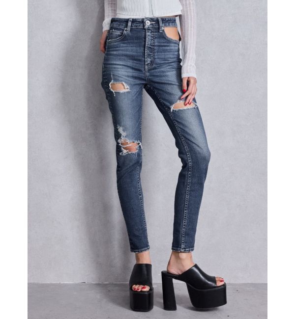 GYDA「ハイウエストcut out poketダメージスキニーデニムパンツ」|デニム|ブルー