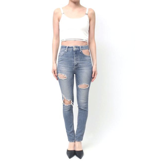 GYDA「ハイウエストcut out poketダメージスキニーデニムパンツ」|デニム|