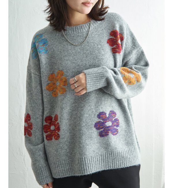 VENCE share style「MIXフラワーモチーフジャガードプルオーバー」|ニット・セーター|グレー