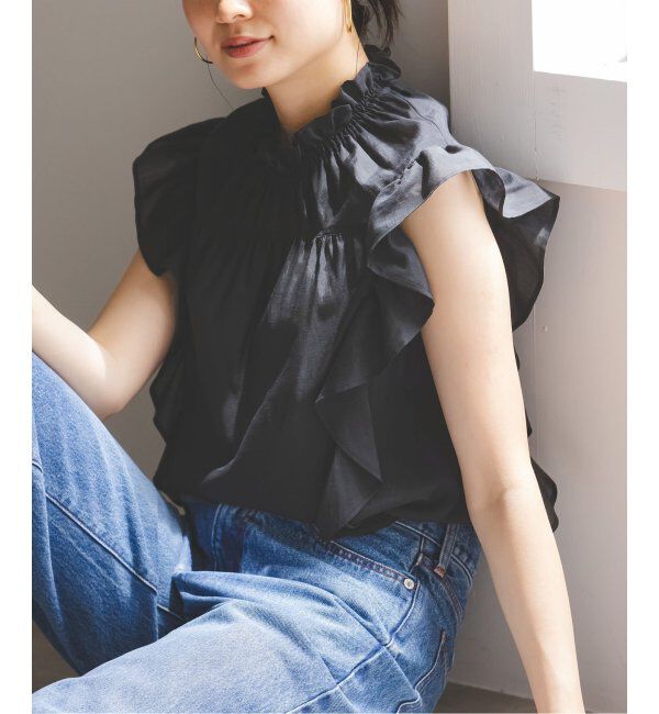 NOBLE「《追加4》【洗える】シャーリングフリルノースリブラウス」|シャツ・ブラウス|ブラック A