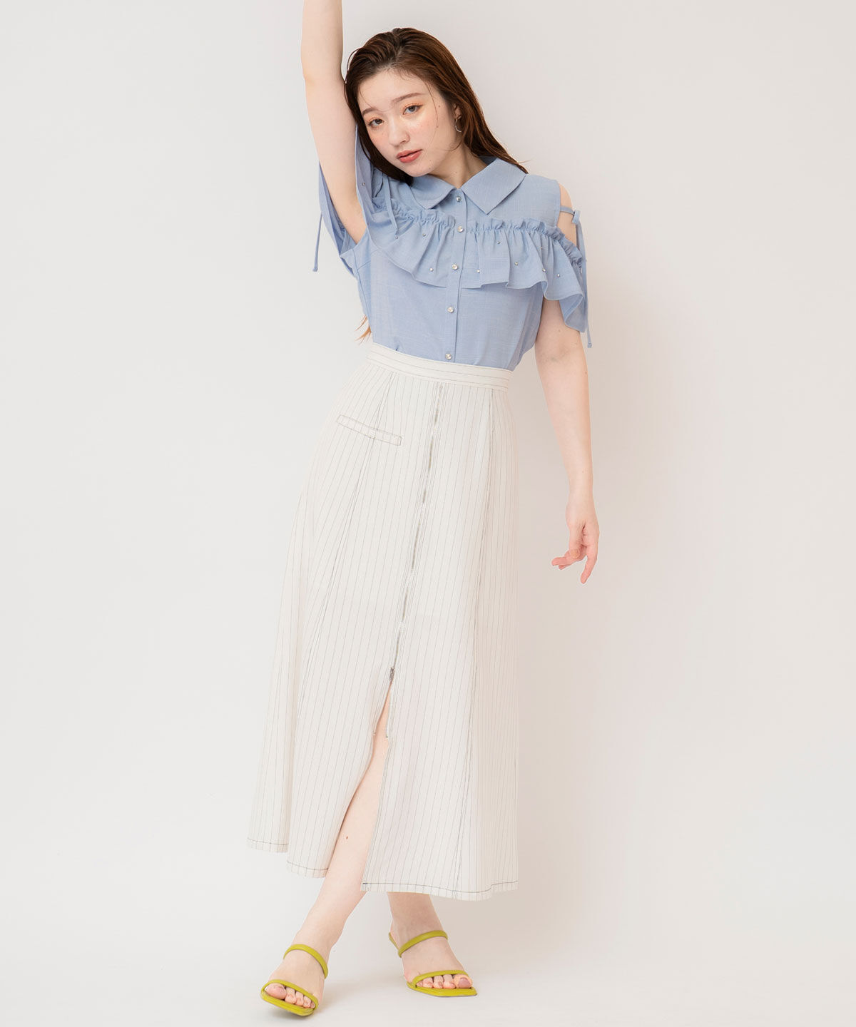 REDYAZEL「フリルビジューオープンショルダーブラウス」|シャツ・ブラウス|