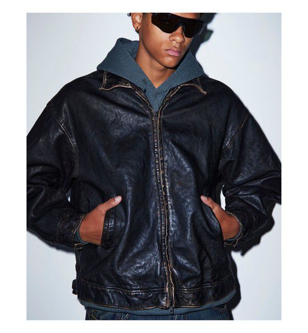 BEAMS「ユーズド加工 レザージップブルゾン」|ブルゾン・スタジャン|BLACK