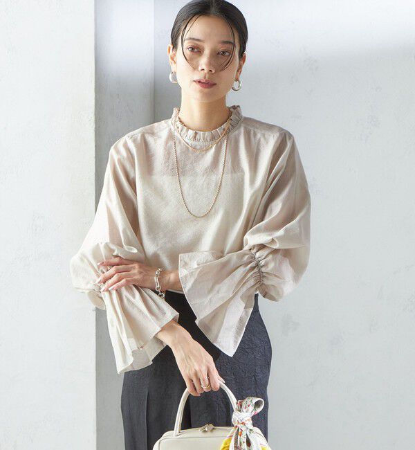 SHIPS for women「〈手洗い可能〉シルク混 シャイニー フリル スリーブ ブラウス」|シャツ・ブラウス|ベージュ