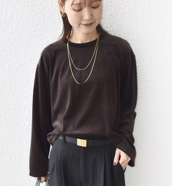 SHIPS for women「〈手洗い可能〉コットン ポリエステル ベロア ワイド スリーブ ボーダー」|Tシャツ・カットソー|ブラウン