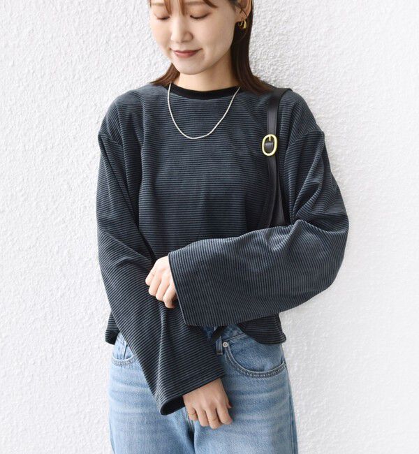SHIPS for women「〈手洗い可能〉コットン ポリエステル ベロア ワイド スリーブ ボーダー」|Tシャツ・カットソー|ネイビー