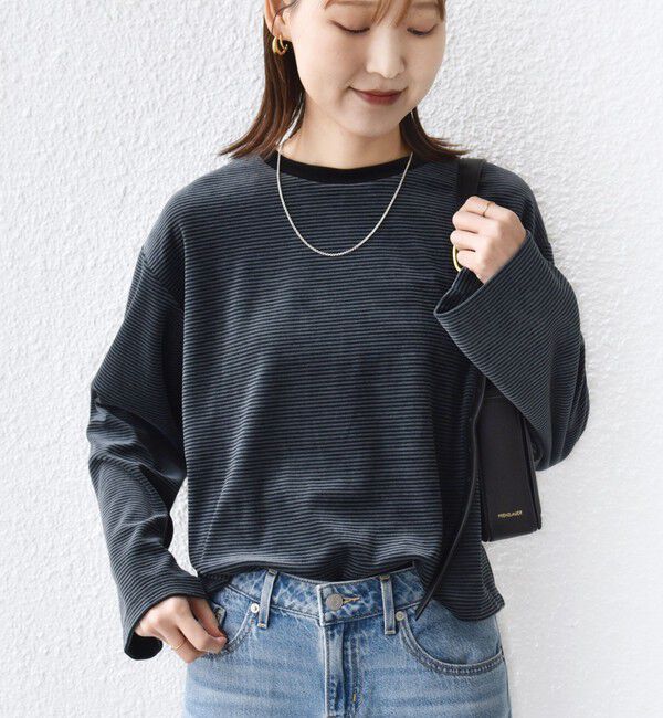 SHIPS for women「〈手洗い可能〉コットン ポリエステル ベロア ワイド スリーブ ボーダー」|Tシャツ・カットソー|