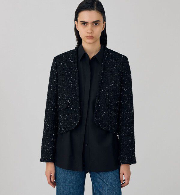 DES PRES「スパンコールツイード カラーレスジャケット」|ノーカラージャケット|