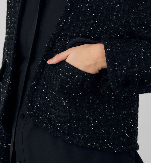 DES PRES「スパンコールツイード カラーレスジャケット」|ノーカラージャケット|
