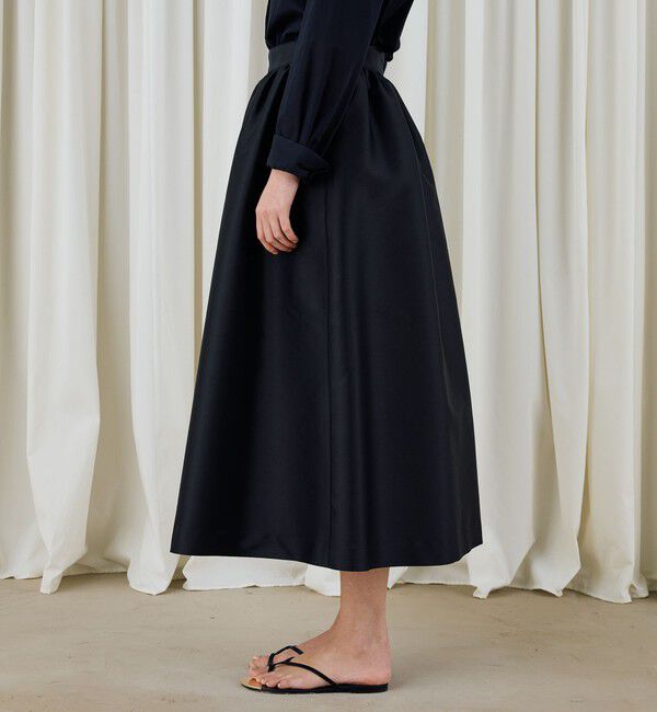DES PRES「シルクポリエステルツイル ギャザーロングスカート」|フレア|