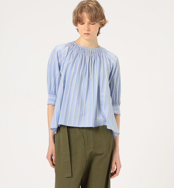 MACPHEE「ハイゲージストライプ ギャザーブラウス」|シャツ・ブラウス|
