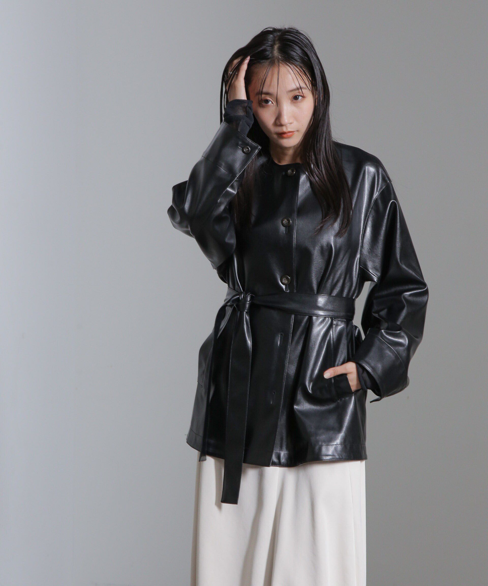 nano･universe「フェイクレザーベルテッドジャケット(セットアップ可)」|テーラードジャケット|ブラック