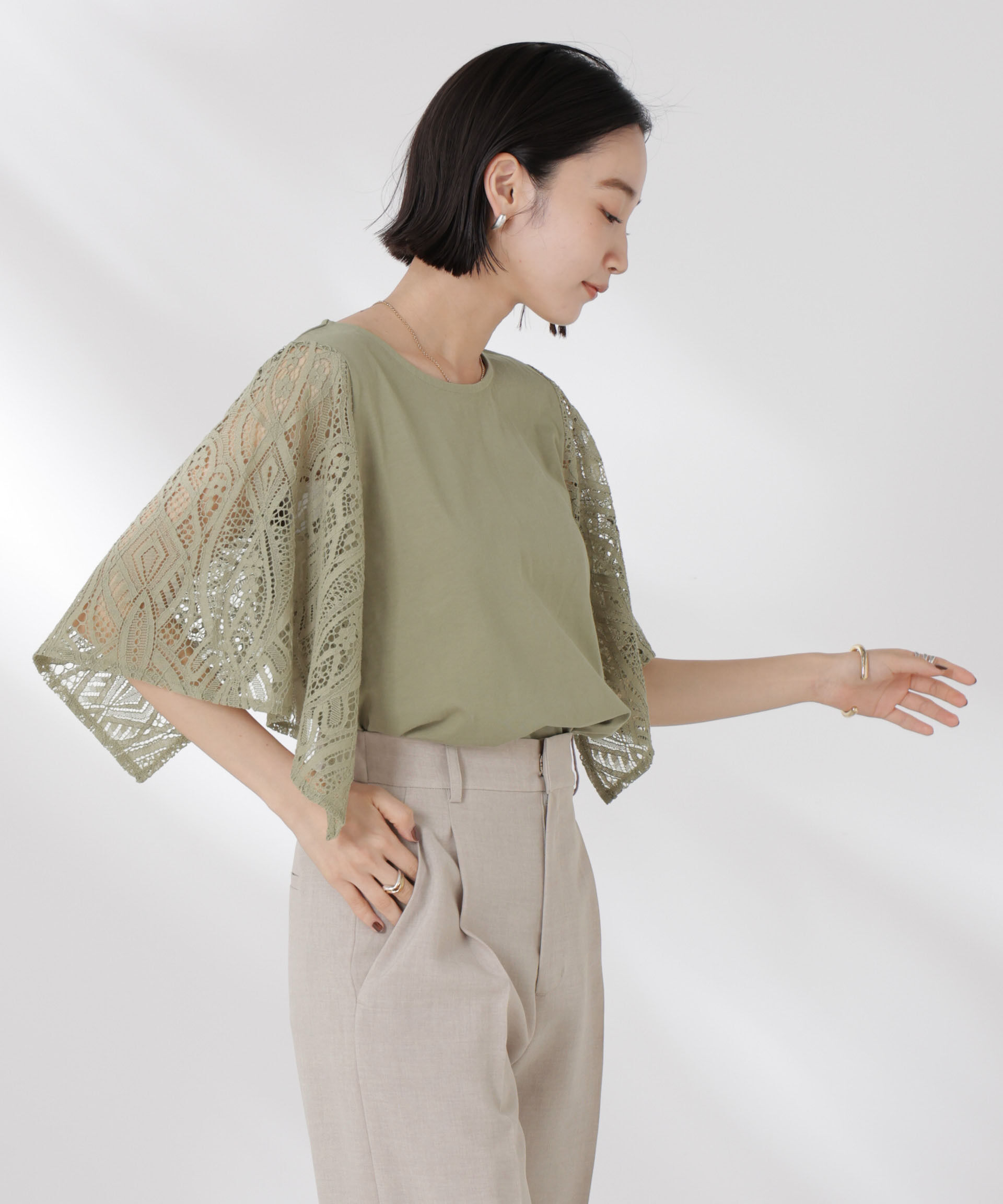 nano･universe「レーススクエアスリーブカットトップス」|Tシャツ・カットソー|グリーン