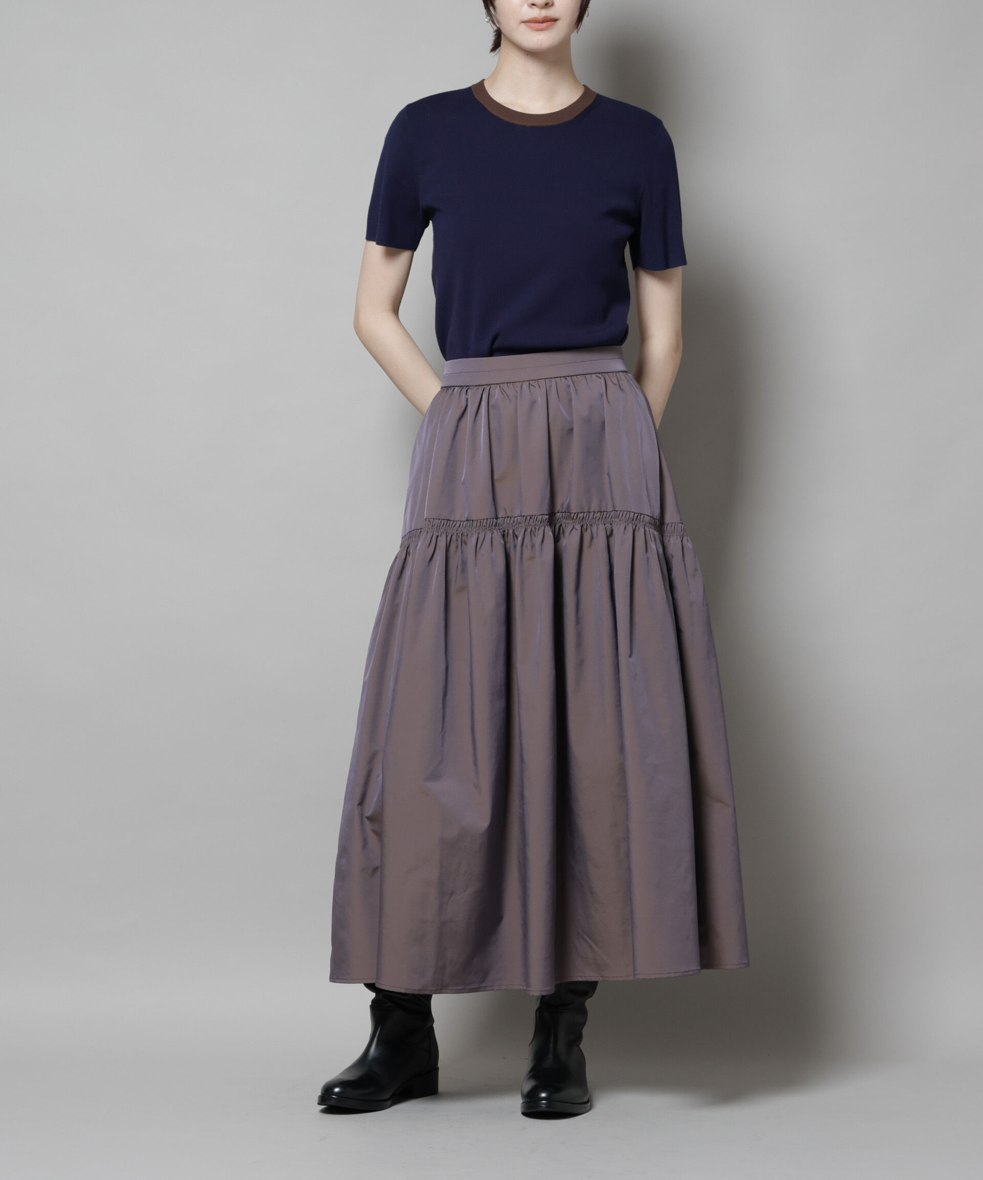 nano･universe「シャンブレータフタティアードギャザースカート」|スカート|モカ3