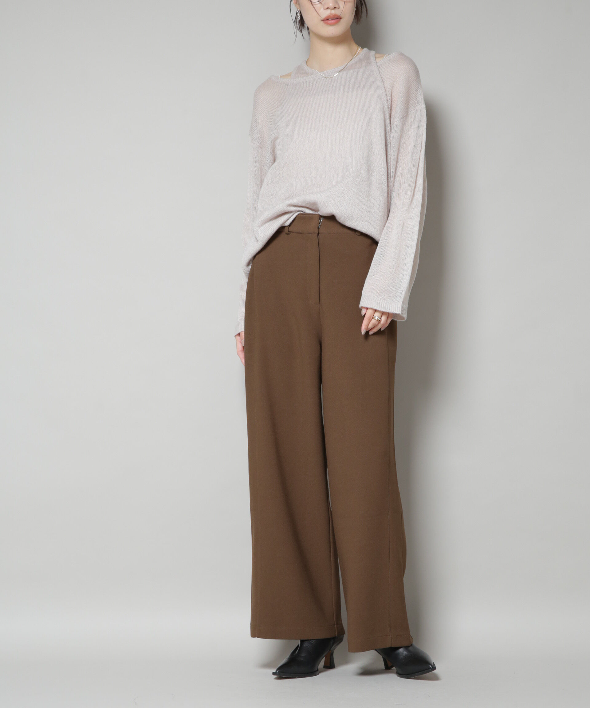 nano･universe「サイドタックカットジョーゼットパンツ」|チノ|モカ3