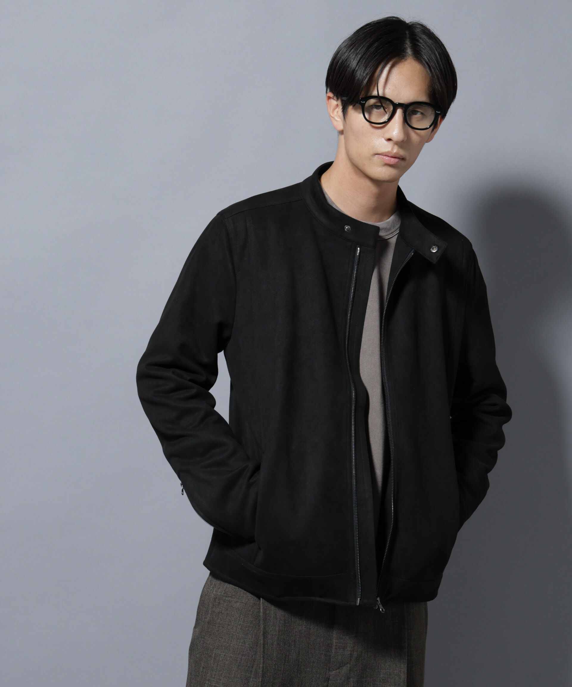 nano･universe「フェイクスエードシングルライダース」|ブルゾン・スタジャン|ブラック