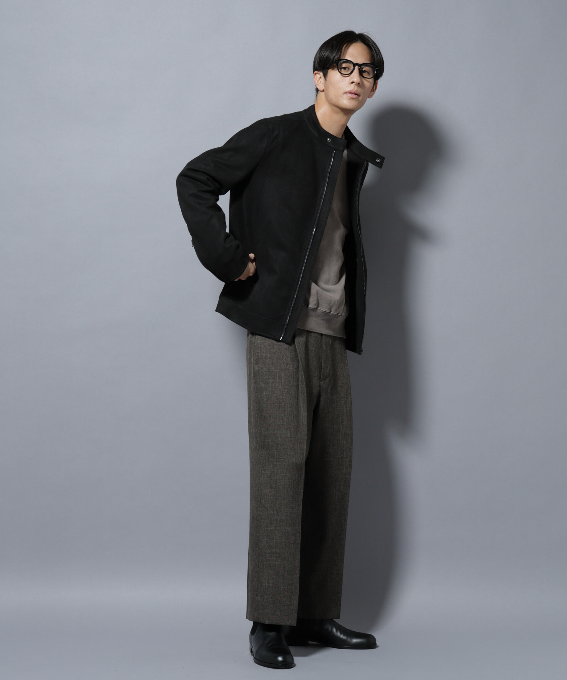 nano･universe「フェイクスエードシングルライダース」|ブルゾン・スタジャン|