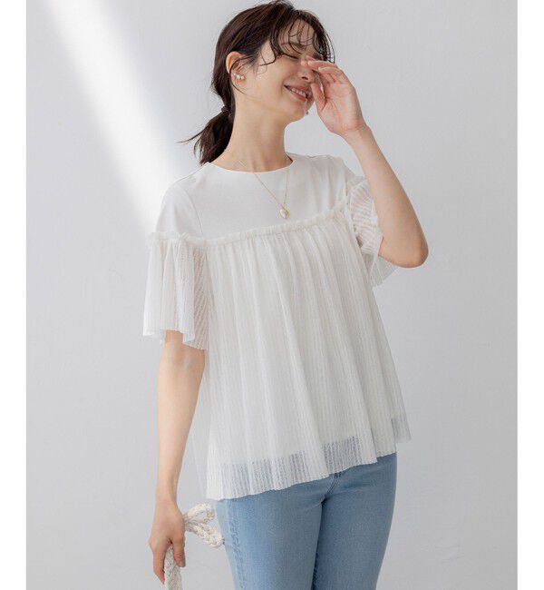 組曲「プリーツコンビ5分袖 カットソー」|Tシャツ・カットソー|アイボリー系