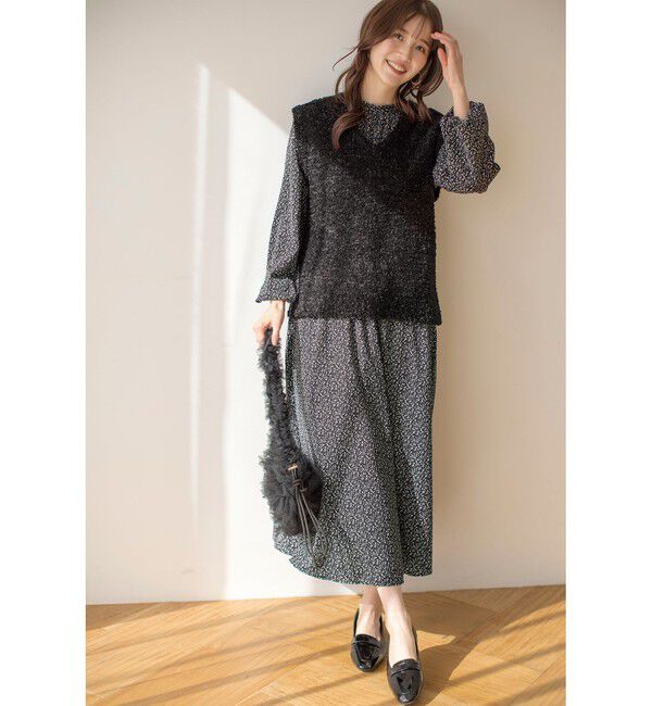 any SiS「【洗える】フラワープリントワンピース &times; ニットベスト セット」|スーツ|ブラック系